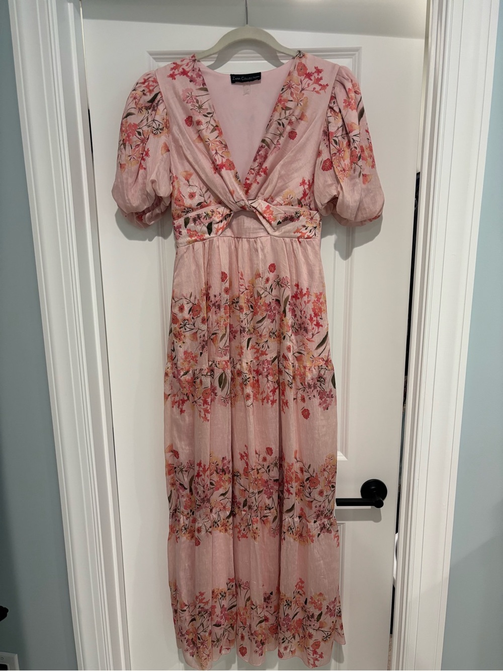Pink Floral V-Neck Puff Sleeve Maxi Dress